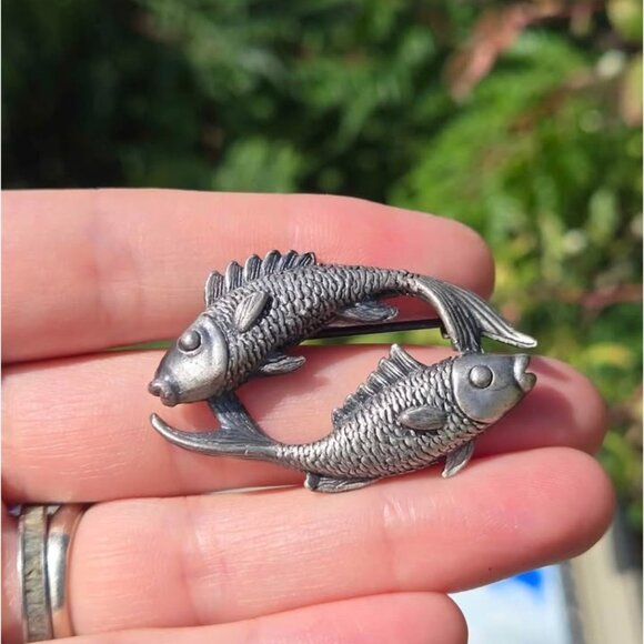 Da Vinci Sterling Silver Pisces Fish Brooch Pin Vtg Zodiac Star Sign Jewelry - Picture 3 of 10